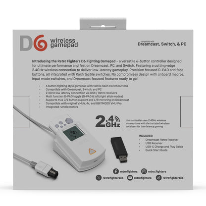 Retro Fighters® D6 Dreamcast｜Dreamcast®/Nintendo Switch™/Switch 2™/PC対応 ワイヤレス6ボタンファイティングコントローラー 2.4GHzワイヤレス Kailh® 超低遅延 全2色