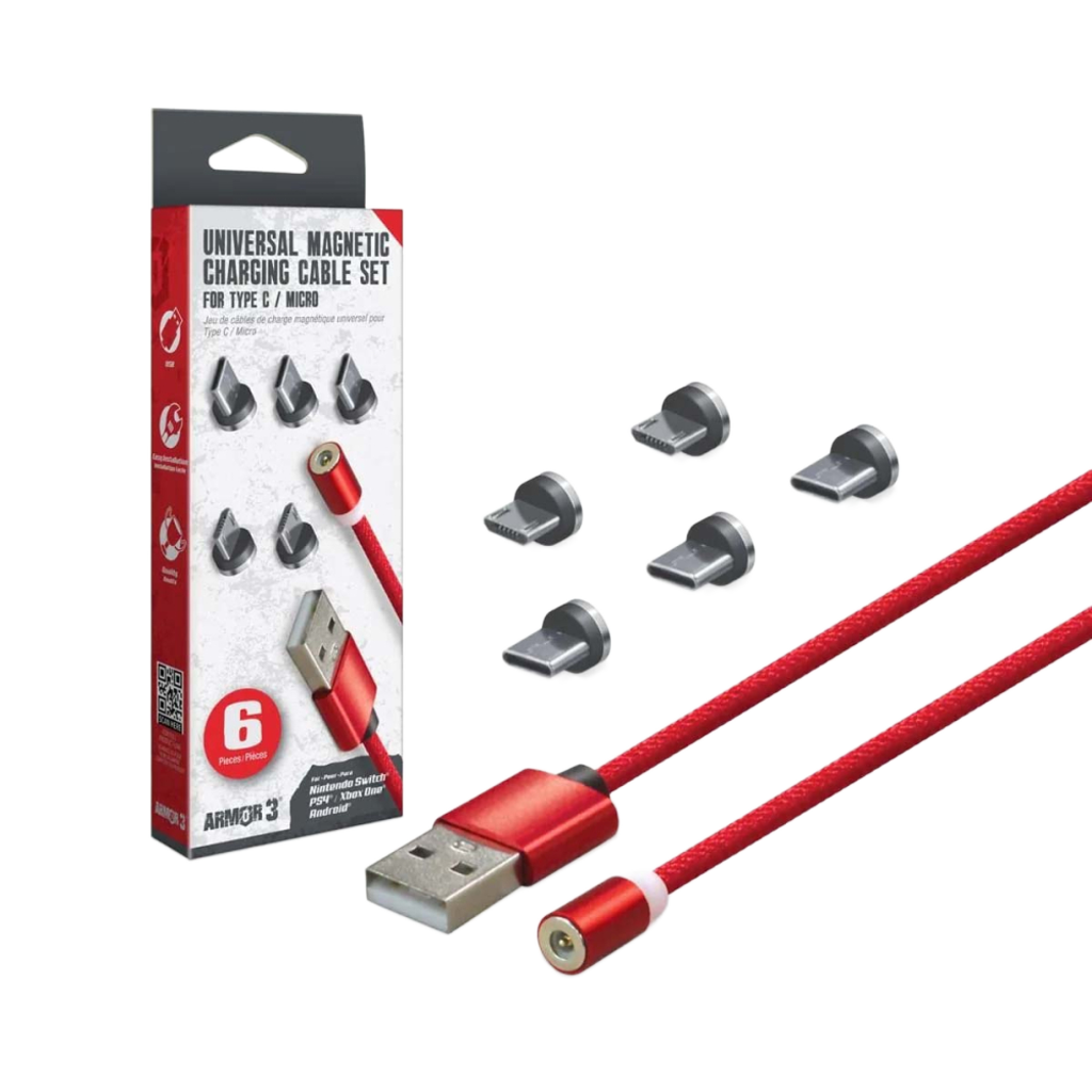 Hyperkin Armor3™ マグネット式充電ケーブルセット レッド（USB Type-C &amp; Micro USB） – 6ピース
