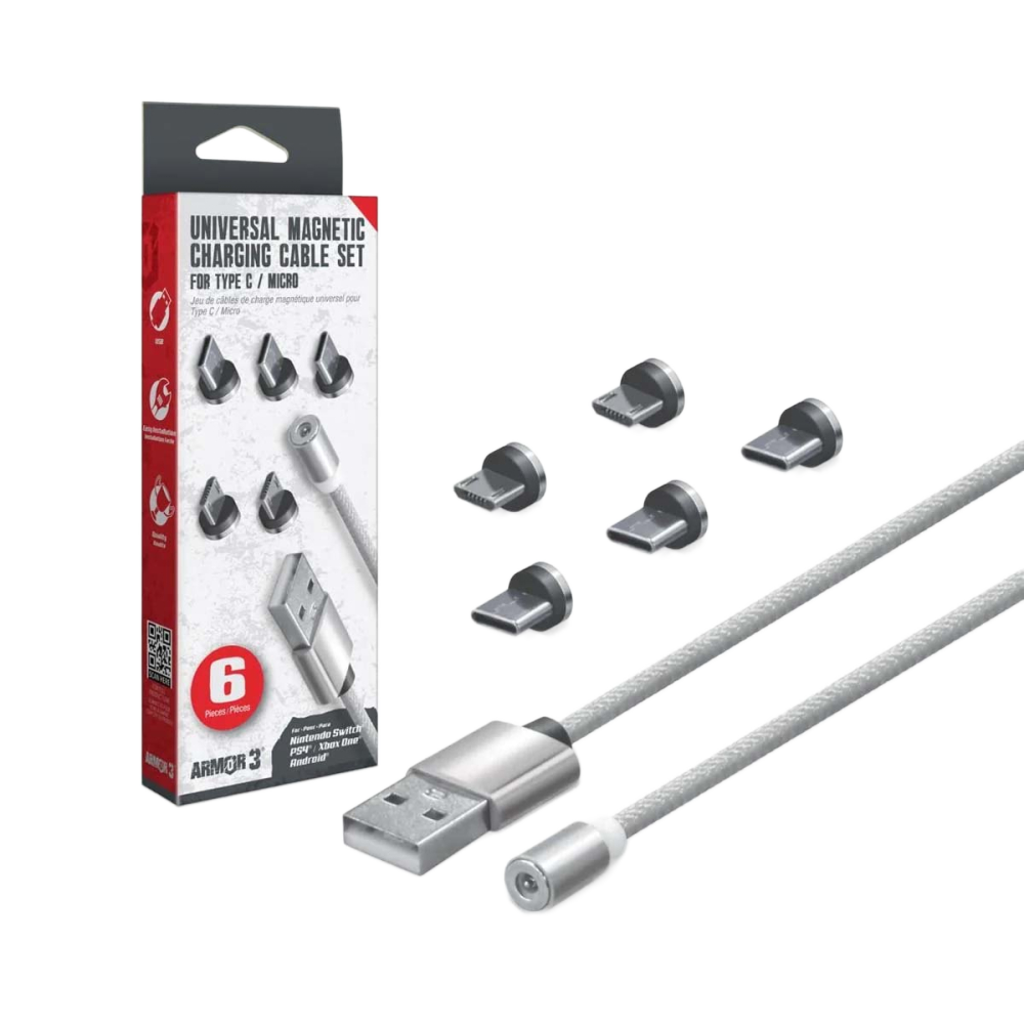 Hyperkin Armor3™ マグネット式充電ケーブルセット シルバー（USB Type-C &amp; Micro USB） – 6ピース