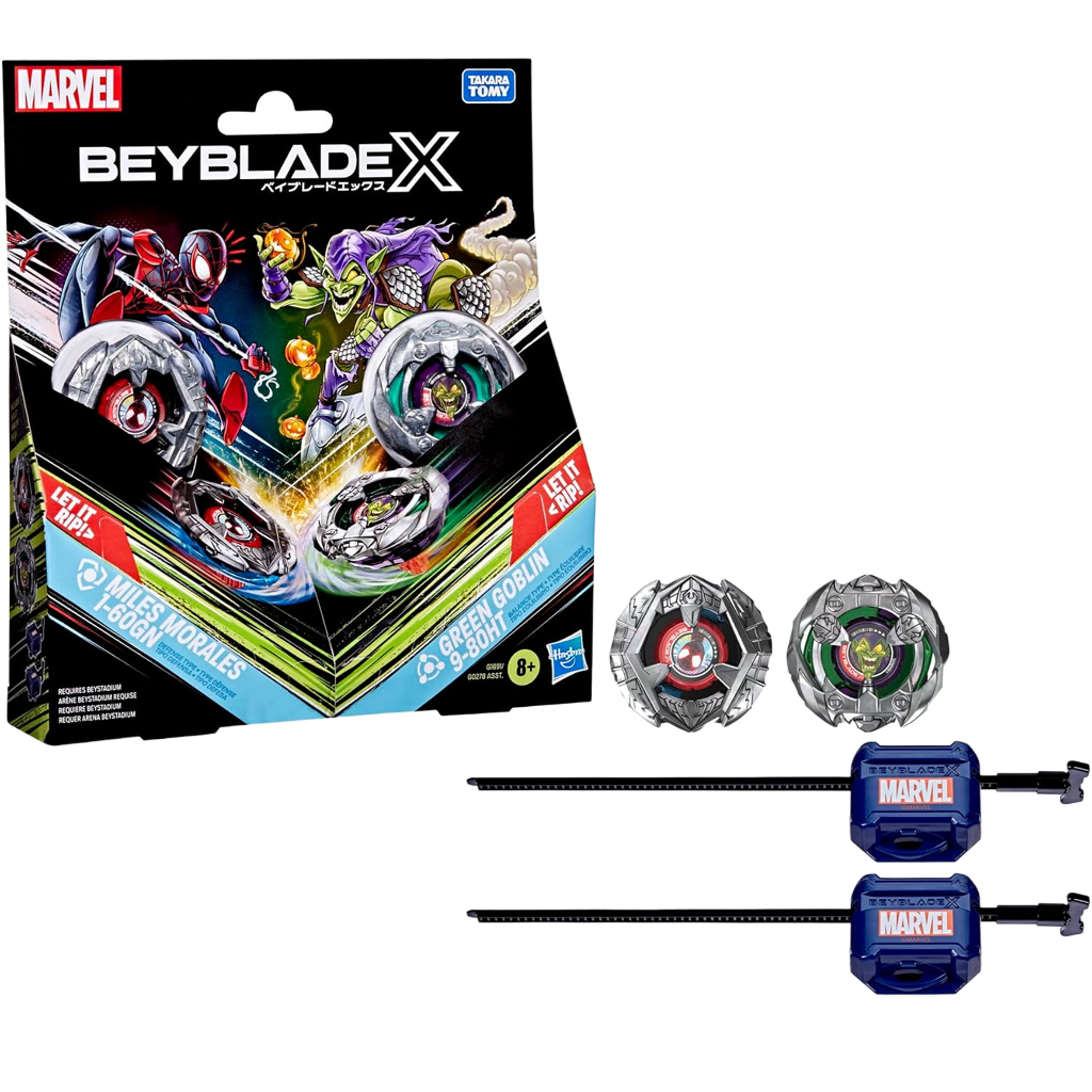 ベイブレードX マーベル コラボ マイルス・モラレス 1-60GN VS グリーン・ゴブリン 9-80HT 対戦セット BEYBLADE X MARVEL スパイダーマン ディフェンスタイプ バランスタイプ ランチャー2個付属 右回転 Hasbro 海外版