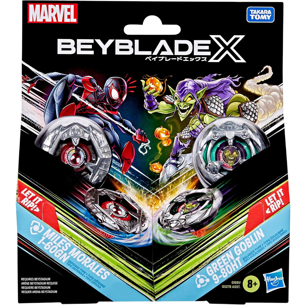 ベイブレードX マーベル コラボ マイルス・モラレス 1-60GN VS グリーン・ゴブリン 9-80HT 対戦セット BEYBLADE X MARVEL スパイダーマン ディフェンスタイプ バランスタイプ ランチャー2個付属 右回転 Hasbro 海外版