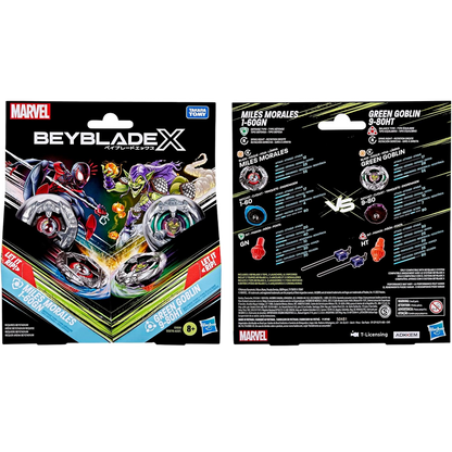 ベイブレードX マーベル コラボ マイルス・モラレス 1-60GN VS グリーン・ゴブリン 9-80HT 対戦セット BEYBLADE X MARVEL スパイダーマン ディフェンスタイプ バランスタイプ ランチャー2個付属 右回転 Hasbro 海外版