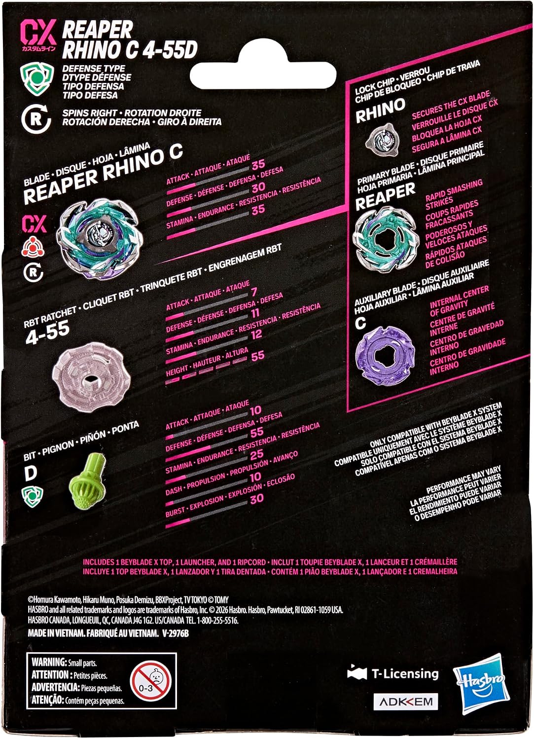 ベイブレードX リーパーライノ C 4-55D CX スターターパック ランチャー付属 BEYBLADE X Reaper Rhino ディフェンスタイプ 右回転 3分割CXブレード カスタマイズ Hasbro 海外版